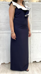 Abito Lungo con Rouche in Contrasto