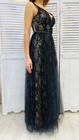 Abito Nero Pizzo Cintura Diamanti by Via Montenapoleone