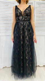 Abito Nero Pizzo Cintura Diamanti by Via Montenapoleone