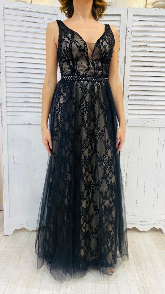 Abito Nero Pizzo Cintura Diamanti by Via Montenapoleone