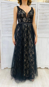 Abito Nero Pizzo Cintura Diamanti by Via Montenapoleone