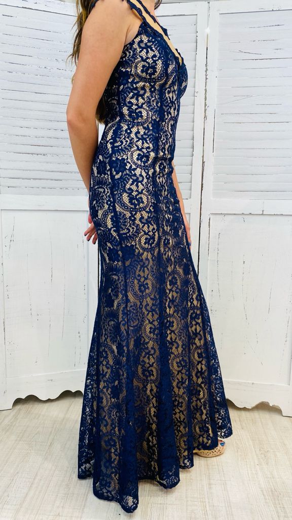 Abito Da Sera Kiyonna Blu Navy Con Pizzo, Scollo A V E Manica 3/4 - Taglia Plus 2X, Nuovo