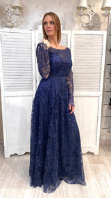 Abito Blu in Pizzo Maniche Lunghe by Via Montenapoleone