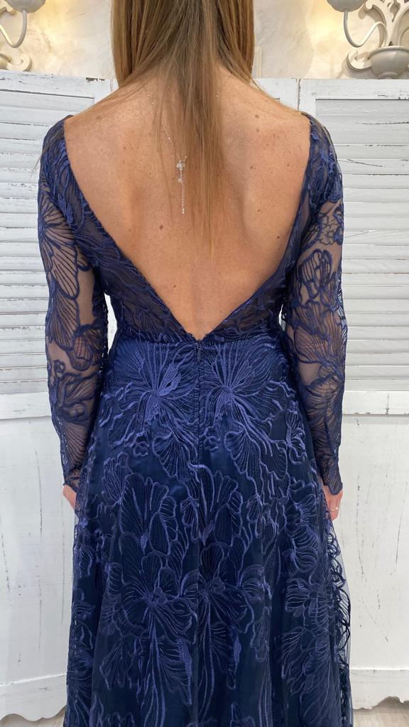 Vestito Abito Donna Corto Blu Notte Pizzo Manica Lunga Elegante Vestito Abito Donna Corto Blu Notte Pizzo Manica Lunga Elegante