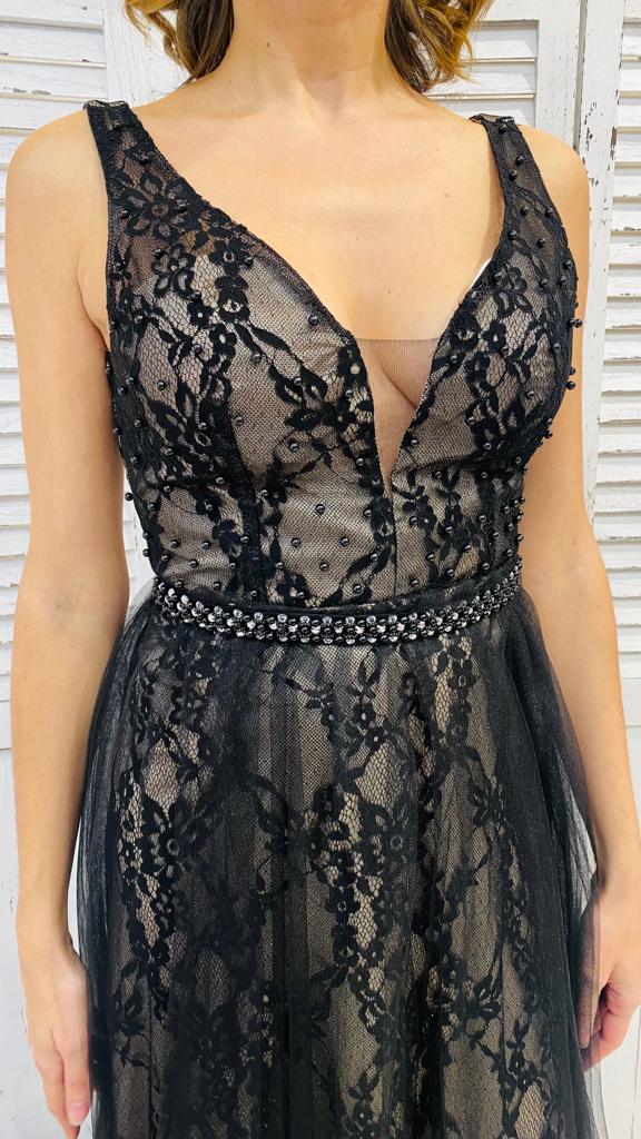 Abito Nero Pizzo Cintura Diamanti by Via Montenapoleone